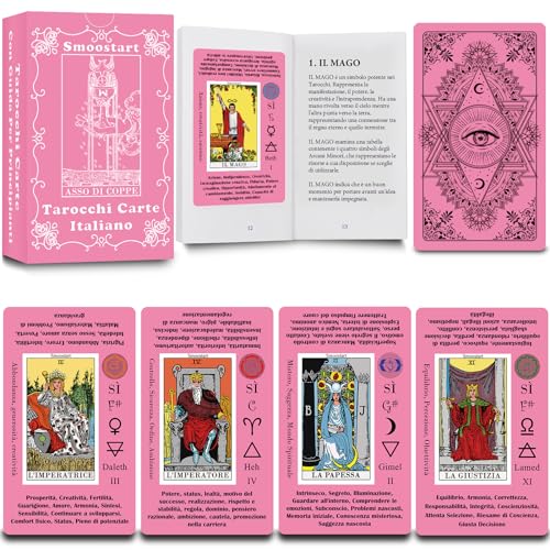 Smoostart Italienische Rosa Tarotkarten mit Bedeutungen, Tarotkarten Deck mit Leitfaden für Anfänger, Schlüsselwörter, Element, Planet, Sternzeichen, Chakra, Ja oder Nein, Musiktonlage, Numerologie, von Smoostart