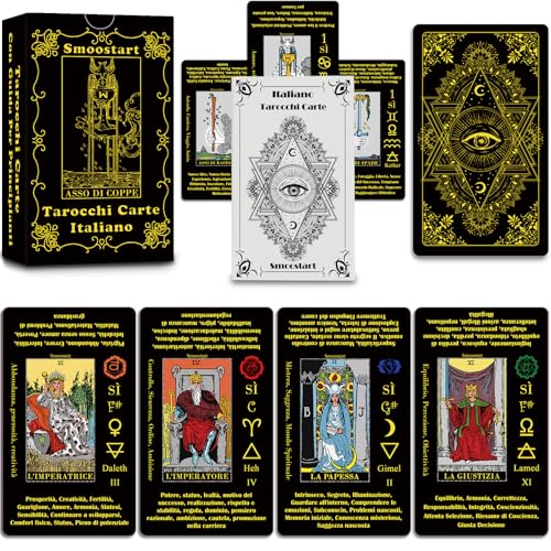 Smoostart Italienische Tarotkarten mit Bedeutungen, Tarotkarten Deck mit Leitfaden für Anfänger, Schlüsselwörter, Element, Planet, Sternzeichen, Chakra, Ja oder Nein, Musiktonlage, Numerologie, von Smoostart