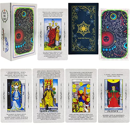 Smoostart PVC-Tarotkarten mit Bedeutungen darauf, wasserdichtes Anti-Falten-Luxus-Goldfolien-Tarot mit Handbuch und exquisiter Box für Anfänger und professionelle Spieler (kosmisch Silber) von Smoostart