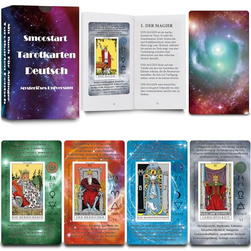 Smoostart Tarotkarten Deutsch Mit Bedeutungen, Holografische Tarotkarten Für Anfänger Mit Leitfaden, Schlüsselwörter, Element, Planet, Chakra, Ja Oder Nein, Musikalische Tonhöhe, Numerologie von Smoostart