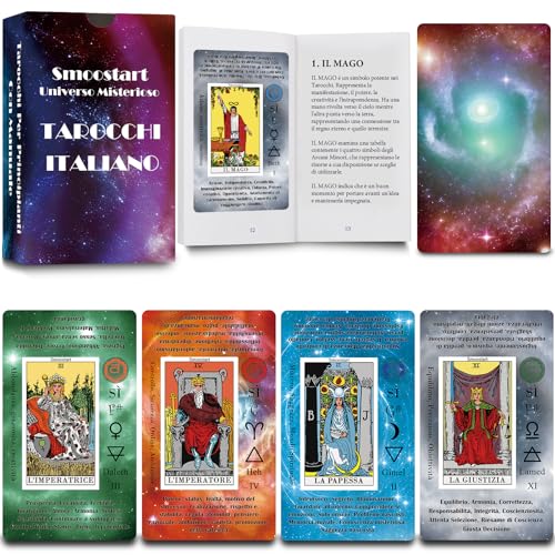 Smoostart holografische Italienische Tarotkarten mit Bedeutungen, Tarotkartendeck mit Leitfaden für Anfänger, Schlüsselwörter, Element, Planet, Chakra, Ja oder Nein, musikalische Tonhöhe, Numerologie von Smoostart