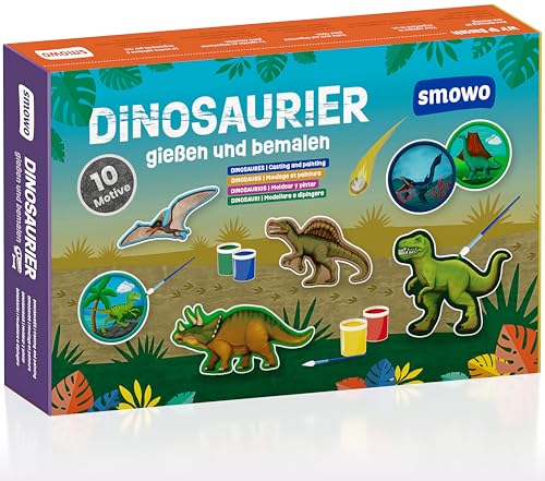 Smowo® 10 Dinosaurier Gipsfiguren zum Gießen und Bemalen - Dino Gips Bastelset inklusive Enzyklopädie - Geschenk zum Basteln für Jungen und Mädchen von Smowo