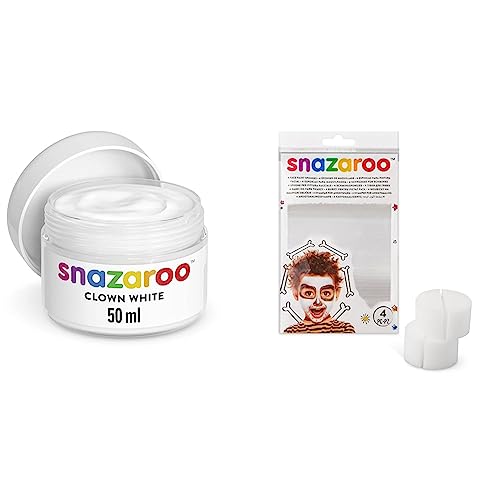 Snazaroo Clownweiß Set, 50ml Topf Clown Weiß Cremeschminke mit besonders hervorragender Deckkraft - ideal für Party, Karneval, Fasching, Theaterschminke, Halloween & Schwammset – 4 halbrunde Schwämme von Snazaroo