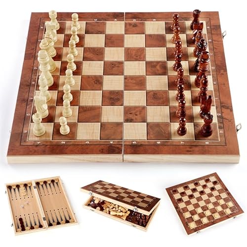 Snewvie 3 in 1 Schachbrett Schachspiel, Schachspiel aus Holz, Tragbares und Faltbares Chess Board Set, Faltbares Schach Brett Set für Kinder Erwachsene Party Reisen - 24x24cm von Snewvie