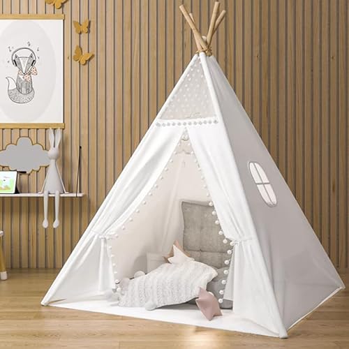 Snewvie Kinder Tipi Zelt,Dacron klassisches indisches Spielzelt für Kinder, faltbares Spielhaus für drinnen oder draußen, Kinderzelte aus Polyester für Mädchen und Jungen mit Tragetasche,Weiß von Snewvie