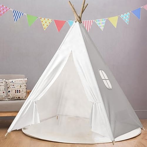 Snewvie Kinder Tipi Zelt,klassisches indisches Spielzelt für Kinder,faltbares Spielhaus für drinnen oder draußen,Kinderzelte aus Polyester für Mädchen und Jungen mit Tragetasche,bunten Flaggen,Weiß von Snewvie