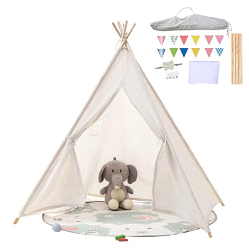 Snewvie Kinder Tipi Zelt,klassisches indisches Spielzelt für Kinder,faltbares Spielhaus für drinnen oder draußen,Kinderzelte aus Polyester für Mädchen und Jungen mit Tragetasche,bunten Flaggen,Weiß von Snewvie