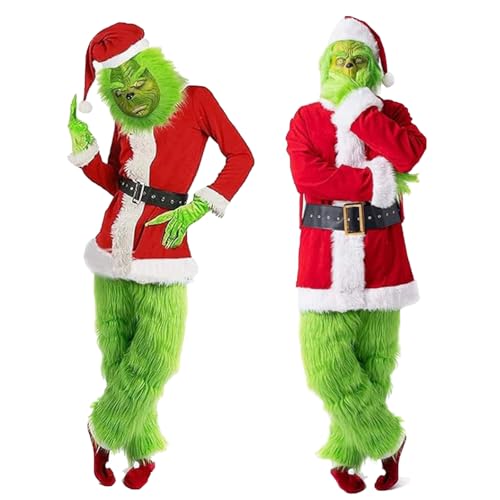 SnowDream Deluxe Weihnachtsrolle-Spielkostüm Grinch Grüne Furry Kostüme Set Grinch Weihnachten Kostüm Erwachsene Perfekte Halloween (2XL/3XL) von SnowDream