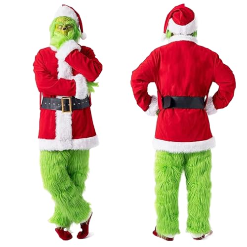 SnowDream Grün Erwachsene Weihnachten Grinch Kostüm mit Maske Hut Gürtelhandschuhe Schuhe Abdeckungen Christmas Halloween Kostüm Cosplay Requisiten men, Children (2XL/3XL) von SnowDream