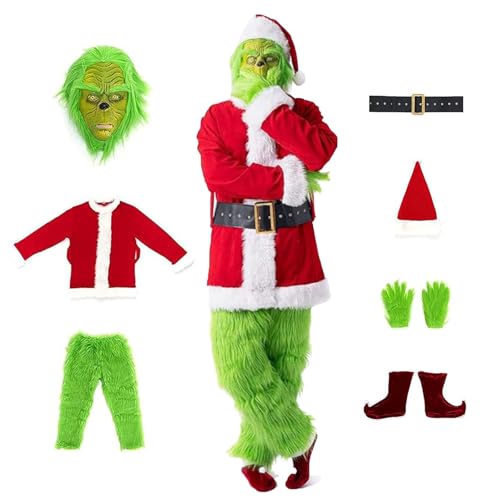 SnowDream Weihnachten Erwachsene Grüne Pelzige Grinch Rollenspiel 7pcs Weihnachtskostüm Set Grinch Kostüm mit Maske, Mütze, Handschuhen, Gürtel (2XL/3XL) von SnowDream