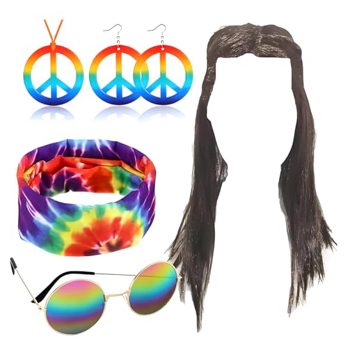 Snowtain 5 Stück Hippie Kostüm Set,Hippie Perücke OhrringSonnenbrille Peace Halskette Anhänger Batik Stirnband Accessories,80er 90er Herren Damen Fasching Kostüm für Karneval Halloween. von Snowtain