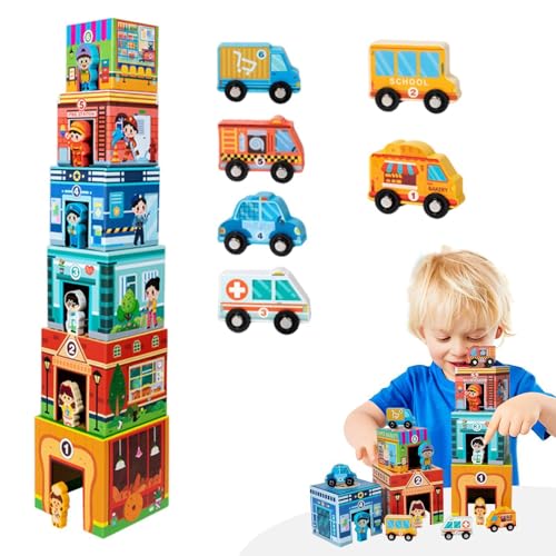 Kids Toys, Wooden Town Play, City Toys Blocks, Car Garage Toys, City Wooden Stacking Blocks Play Set for Early Education, Toy Car Garage, Family Fun, and Interactive Learning for Children von Snsengg