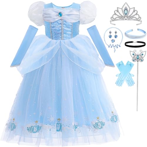 Snyemio Aschenputtel Kleid für Mädchen Prinzessin Cinderella Kostüm Kinder Fasching Verkleidung mit Zubehör Karneval Halloween, Blau mit Haarband, 128-134(Etikett 130) von Snyemio