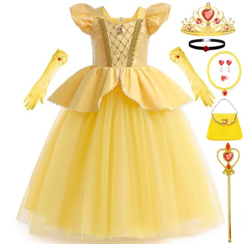 Snyemio Belle Kostüm Mädchen Kinder Prinzessin Kleid für Karneval Halloween Geburtstag Verkleidung, 128-134(Etikett 130) von Snyemio