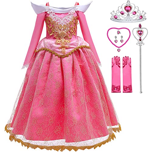 Snyemio Dornröschen Kostüm Kinder Mädchen Prinzessin Aurora Rosa Kleid Karneval Verkleidung Fasching Geburtstag Halloween, Rosa, 116-122(Etikett 120) von Snyemio