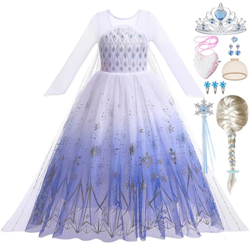 Snyemio Elsa Kostüm Mädchen mit Perücke Eiskönigin Kleid Kinder Prinzessin Verkleidung für Karneval Fasching Party, 104-110(Etikett 100) von Snyemio