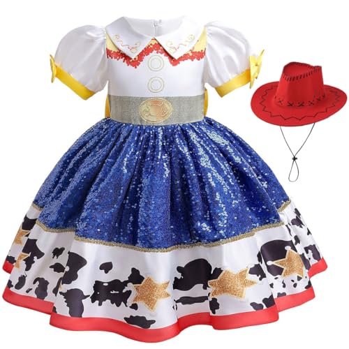 Snyemio Jessie Kostüm Mädchen Cowgirl Kinder Kleid Faschingskostüm mit Hut für Halloween Karneval Verkleidung, 104-110(Etikett 110) von Snyemio