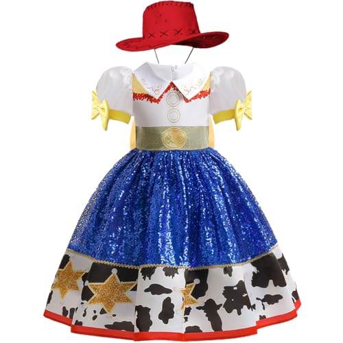 Snyemio Jessie Kostüm Mädchen Cowgirl Kinder Kleid Faschingskostüm mit Hut für Halloween Karneval Verkleidung, 146-152(Etikett 150) von Snyemio