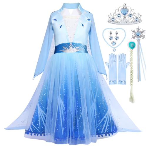 Snyemio Kinder Mädchen Prinzessin Elsa Eiskönigin Kostüm Kleid Weihnachten Halloween Karneval Schneekönigin Verkleidung Cosplay Fasching, Blau, 104-110(Etikett 110) von Snyemio