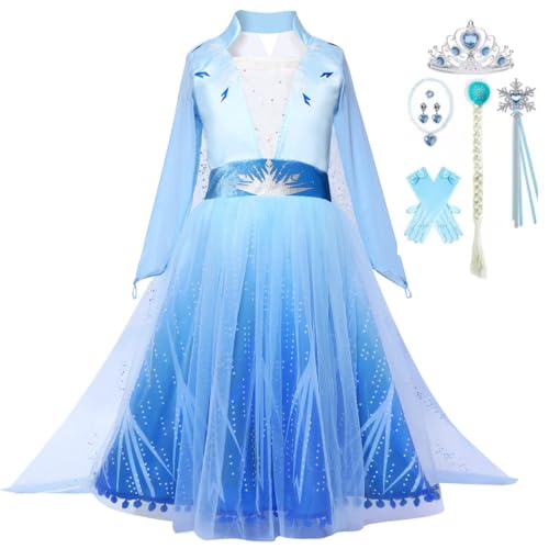 Snyemio Kinder Mädchen Prinzessin ELSA Kostüm Kleid Weihnachten Halloween Karneval Verkleidung Cosplay, Blau mit Perücke, 104-110(Etikett 110) von Snyemio