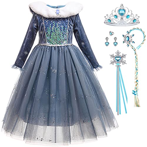 Snyemio Elsa Kostüm Mädchen Prinzessin Eiskönigin Kinder Kleid Eisprinzessin Verkleidung Langarm für Karneval Party Fasching Halloween Grau, 104-110(Etikett 110) von Snyemio