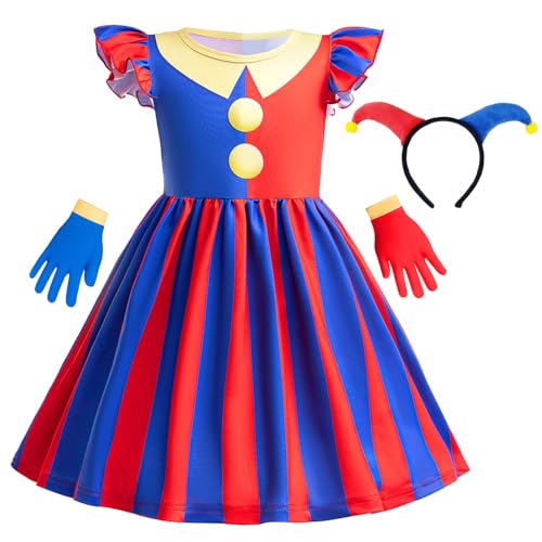 Snyemio Mädchen Pomni Kostüm von der Digitale Zirkus Clown Kleid Kinder Verkleidung für Halloween Karneval Fasching, 104-110(Etikett 100) von Snyemio