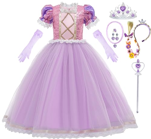 Snyemio Rapunzel Kostüm Kinder Mädchen Prinzessin Lila mit Zubehör Kleid Pailletten Tüll Fasching Verkleidung Festlich Karneval Halloween, 146-152(Etikett 150) von Snyemio