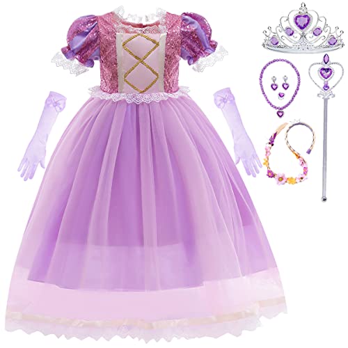 Snyemio Rapunzel Kostüm Kinder Mädchen Prinzessin Lila Kleid Pailletten Tüll Fasching Verkleidung Festlich Karneval Halloween, Lila, 104-110(Etikett 110) von Snyemio