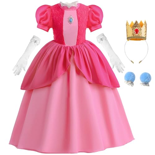 Snyemio Mädchen Prinzessin Peach Kostüm Rosa Pfirsich Kleid Kinder Cosplay Set mit Zubehör fur Halloween Weihnachten Fasching Karneval Verkleidung, Rosa 98-104(Etikett 100) von Snyemio