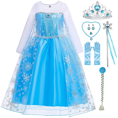 Snyemio Mädchen Prinzessinen Elsa Kleid Schneekönigin Kinder Kostüm Eiskönigin Verkleidung mit Zubehör Cosplay Fasching Karneval Party, Dunkelblau, 116-122(Etikett 120) von Snyemio