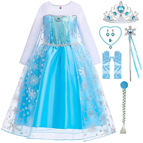 Snyemio Mädchen Prinzessinen Elsa Kleid Schneekönigin Kinder Kostüm Eiskönigin Verkleidung mit Zubehör Fasching Karneval Party, Blau, 104-110(Etikett 110) von Snyemio