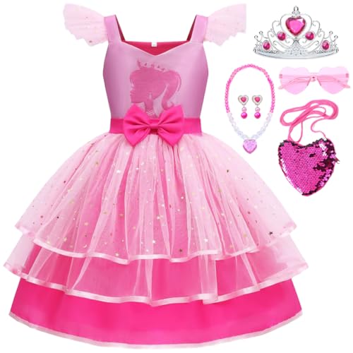 Snyemio Mädchen Rosa Kostüm Kleid Kinder Faschingskostüm mit Zubehör für Weihnachten Karneval Verkleidung, 104-110(Etikett 100) von Snyemio