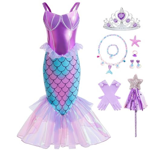 Snyemio Meerjungfrau Kostüm Mädchen Arielle Prinzessin Fasching Kleid mit Zubehör für Karneval Halloween Geburtstag Party, Lila, 98-104(Etikett 100) von Snyemio