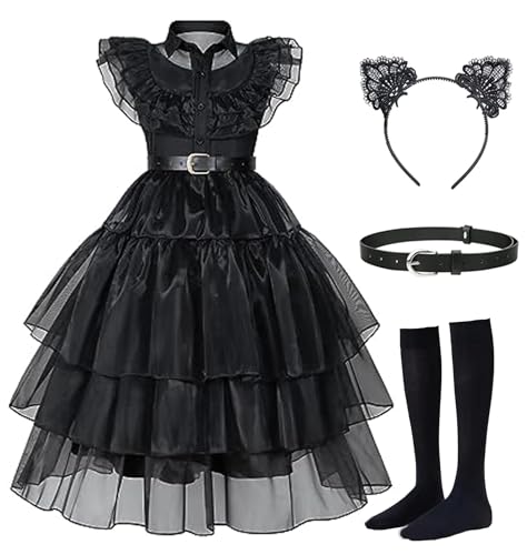 Snyemio Mittwoch Kostüm Kleid Kinder Mädchen Gothic Schwarz Family Halloween Verkleidung für Fasching Karneval, 146-152(Etikett 150) von Snyemio