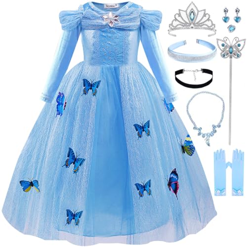 Snyemio Prinzessin Cinderella Kostüm Mädchen Aschenputtel Verkleidung Kinder Kleid mit Zubehör für Karneval Fasching Geburtstagsfeier, 98-104(Etikett 100) von Snyemio