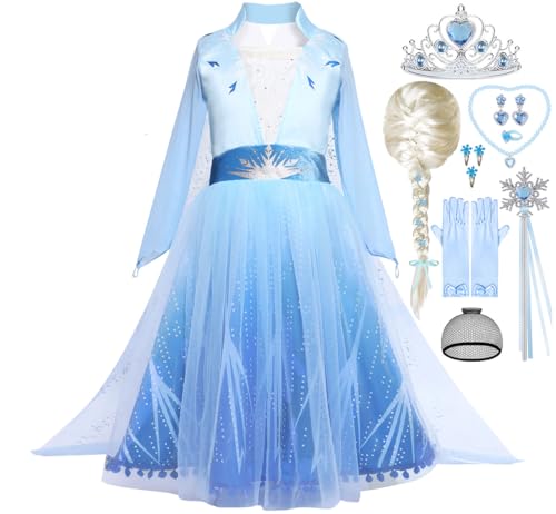 Snyemio Prinzessin Elsa Kostüm Mädchen mit Perücke Eiskönigin Kleid Kinder Halloween Karneval Fasching Verkleidung, 104-110(Etikett 110) von Snyemio