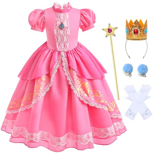 Snyemio Prinzessin Peach Kostüm für Mädchen, Kinder Rosa Pfirsich Cosplay Kleid Halloween Karneval Verkleidung mit Zubehör, Rosa, 116-122(Etikett 120) von Snyemio