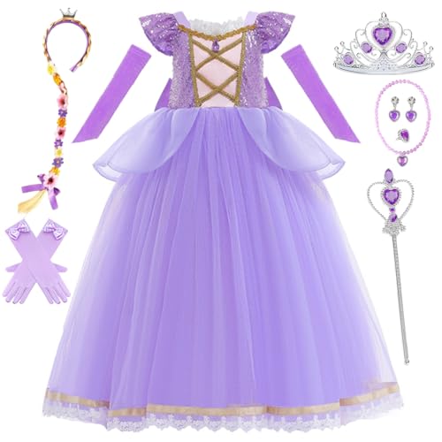 Snyemio Rapunzel Kostüm Mädchen Prinzessin Kleid Lila Kinder mit Zubehör für Fasching Karneval Verkleidung, 116-122(Etikett 120) von Snyemio