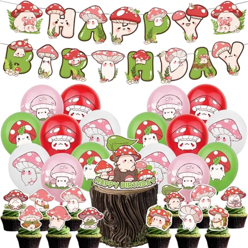 SoLLek 30pcs Pilz Geburtstag Party Deko, Pilz Geburtstag Party Supplies, Pilz Party Dekorationen, happy birthday Banner, Latexballons, Cupcake Topper, Cake Topper, Kinder Geburtstags Deko von SoLLek