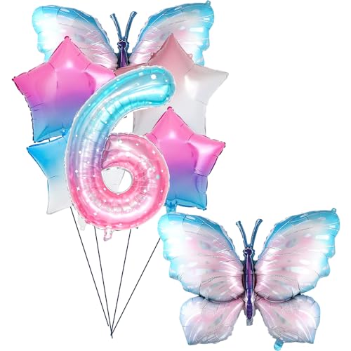 SoLLek 7 PCS Gradient Pink Schmetterling Ballons, Schmetterling Balloon Set, 6 Jahre Schmetterling Geburtstag Deko, 6. Geburtstag Mädchen Deko, Rosa Schmetterling Party Supplies von SoLLek