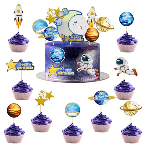 SoLLek Astronauten Tortendeko Geburtstag, 19 Stück Astronauten Planet Kuchen Deko, Weltraum Tortendeko, Happy Birthday Kuchendeko Decoration, Cupcake Topper, Kinder Party Geburtstag Supplies von SoLLek