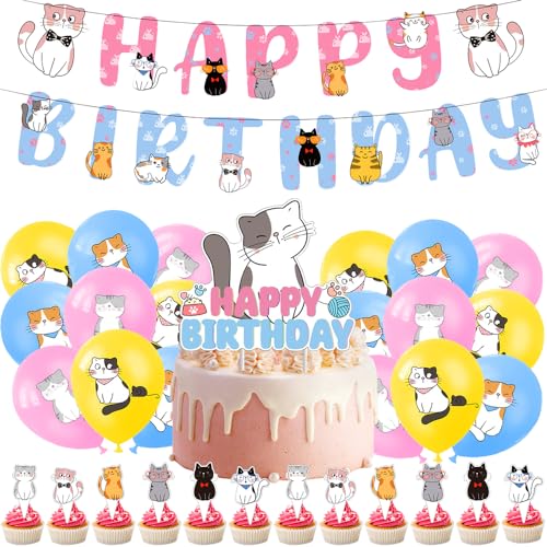 SoLLek Katzen Geburtstag Deko, 32pcs Haustier Katzen Thema Party Dekorationen, Kazten Luftballons, Happy Birthday Banner, Cupcake Topper, für Kindergeburtstage, Haustierpartys von SoLLek