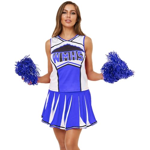 Sobzia Kostüm Karneval Damen,Cheerleader Kostüm Damen Blau,Anime Adventskalender 2024,Cheerleader Uniform,Cheerleader Pompons,Adventskalender Säckchen,Cheerleader-Kostüm Damen, von Sobzia