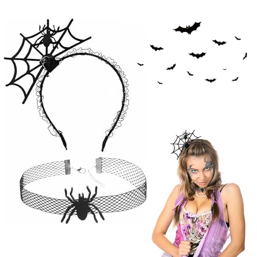 SoeUyd 2 Stück Halloween Haarreif, Halloween Spinne Stirnband, Spinnen Netz Haarreifen, Spitze Halskette mit Spinnweben, Geeignet für Halloween Karneval Gruselig Maskenball Erwachsene Karneval Partei von SoeUyd