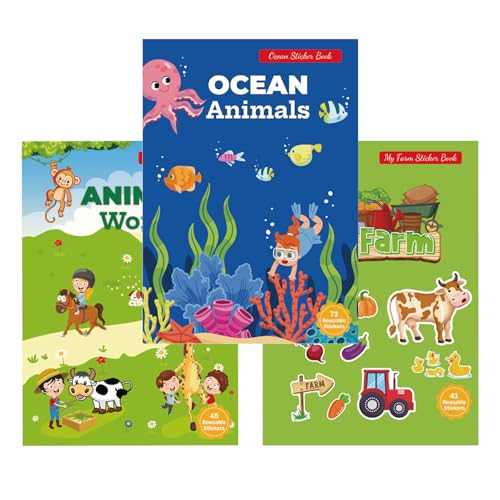 SoeUyd 3 Stück Stickerbuch ab 2 Jahre, Wiederverwendbare Stickerbücher, Stickerbuch Wiederverwendbar für Kinder 2/3/4/5/6 Jährige, Bauernhof, Unterwasserwelt, Tierwelt, Pädagogische Lerngeschenke von SoeUyd