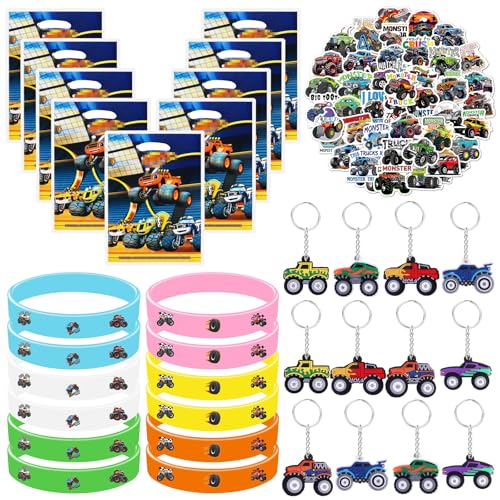 SolWonder 84Pcs Monster Truck Mitgebsel Kindergeburtstag Set, 10pcs Monster Truck Geschenktüten+12pcs Silikon Armband+50pcs Aufkleber+12pcs Schlüsselanhänger, Monster Truck Party Mitgebsel Geburtstag von SolWonder