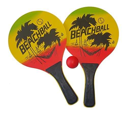 Beach Ball Spiel Set Beachball Schläger Holz mit Ball - Strandspielzeug Ballspiel für Garten und Strand bunt von SOLEX