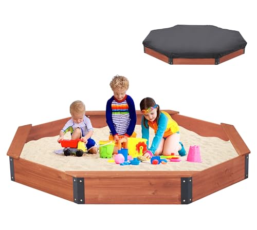 85''x78''x9'' Octagon Sandbox with Cover for Kids Outdoor Play, Wood Large Sandpit with 4 Benches, Quick Easy Install von SoliWood