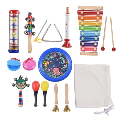 Solinder Musikinstrument Set 14 Stück Holz Schlaginstrument Musikinstrumente Interaktive Spiele Hand-Auge-Koordinierte Entwicklung Geburtstagsgeschenk Ozean Drum, 8 Töne Bunt Xylophon, Regen Sound von Solinder