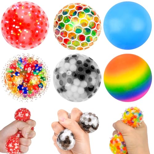 6 Stück Anti Stressbälle – Bunte Stressbälle für Kinder und Erwachsene, Regenbogen Squeeze Bälle, Mesh Stressball, Antistressball Kinder, Stressball Erwachsene zur Angst- und Stressbewältigung von Songkuiwang